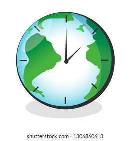 Vector Earth map with clock face isolated on white background.
