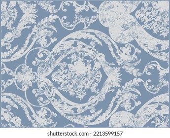 Vector Earth Modern tone colors with Carpet bathmat Boho style ethnic floral damask design,  pattern with distressed woven texture and effect Antique traditional rug floor covering
Duck egg blue grey