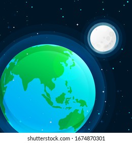 Vector earth and moon globe illustration. Vector planet Earth icon. Flat planet Earth icon. The illustration of iconic our earth. Beautiful night with the light moon and stars. The view is panoramic. 