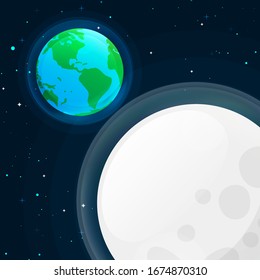 Vector earth and moon globe illustration. Vector planet Earth icon. Flat planet Earth icon. Dark background with moonlight, stars and earth. Outer space background for wallpaper, poster and  cover. 