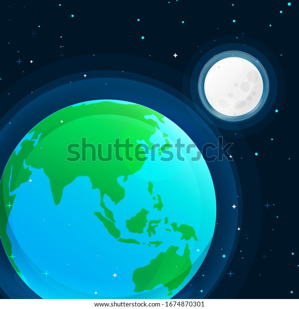 Vector earth and moon globe illustration. Vector planet\
Earth icon. Flat planet Earth icon. The illustration of iconic our\
earth. Beautiful night with the light moon and stars. The view is\
panoramic. 