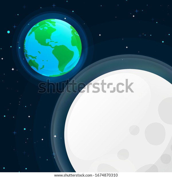 Vector earth and moon globe illustration. Vector planet\
Earth icon. Flat planet Earth icon. Dark background with moonlight,\
stars and earth. Outer space background for wallpaper, poster and \
cover. 