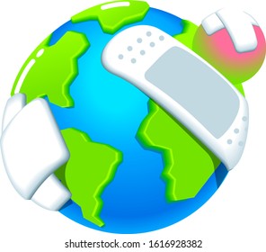 Vector earth planet, globe icon with many bandages, wounded earth isolated on white background