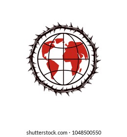 Vector Earth planet illustration surrounded by thorn of crowns. Totalitarianism as the evil power, dictatorship and manipulation theme