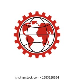 Vector Earth planet illustration surrounded by engineering cog wheel can be used as proletarian revolution abstract sign or socialism concept. Working class idea.