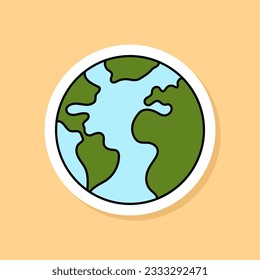 Vector Earth Planet sticker isolated on yellow background. 70s style cartoon icon