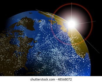 Vector earth with rising sun and clouds seen from space
