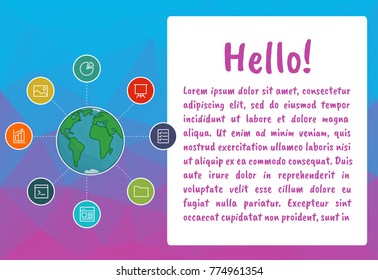 Vector earth with a set of icons for presentation. Bubble talk with text in abstract background