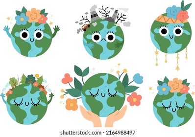 Vector earth set for kids. Earth day collection with cute kawaii smiling planets. Environment friendly icons with globe and forest, pollution or flowers on top. Ecological concept