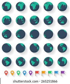 Vector Earth Set. Twenty five Earth globes from different angles and ten pointer icons. Easily edited with good file structure.