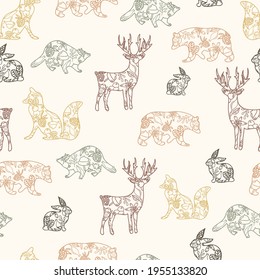 Vector earth tones forest animals seamless pattern background. Perfect for fabric, wallpaper, scrapbooking, stationery, invitation projects.