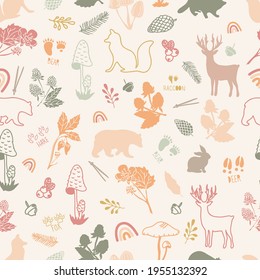 Vector earth tones forest wonderland seamless pattern background. Perfect for fabric, wallpaper, scrapbooking, stationery, invitation projects.