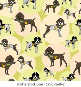 Vector earth tones German Shorthaired Pointer with bird toy seamless pattern background. Perfect for fabric, wallpaper, scrapbooking, stationery, invitation projects.