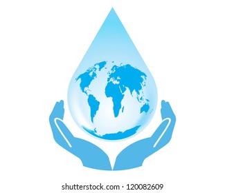 Vector earth water drop with hands