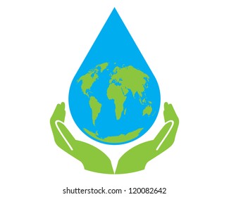Caída de agua de la tierra del vector con manos