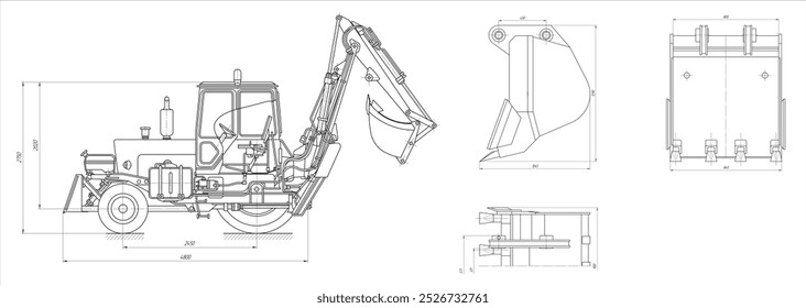 Vector earthmoving machine with bucket. Technical drawing of tractor. Engineering mechanical design of excavator with dimension lines. Industrial cad scheme on paper sheet. Technology background.