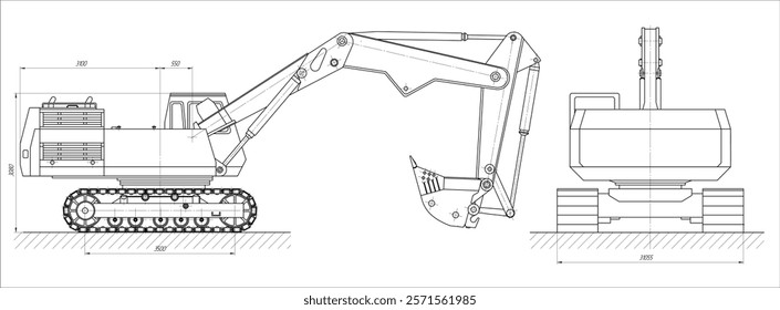 Vector earthmoving machine with bucket. 
Technical drawing of tractor.
Engineering mechanical design of excavator
with dimension lines. Industrial 
cad scheme on paper sheet. 
Technology background.