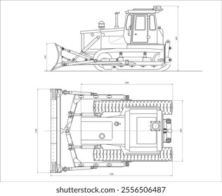 Vector earthmoving machine bulldozer. Technical drawing of tractor. Engineering mechanical design of excavator with dimension lines. Industrial cad scheme on white paper sheet. Technology background.