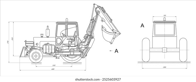 Vektorerdbewegungsmaschine. 
Technische Zeichnung der Zugmaschine.
Maschinenbau und Konstruktion des Baggers
mit Maßlinien. Industrie 
Kartenschema auf weißem Papierblatt. Technologischer Hintergrund.