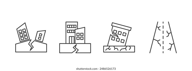 Iconos De Daños Por Terremoto De Vector Que Muestran Edificios Y Carreteras Agrietados, Señales Lineales Que Simbolizan Desastres Naturales