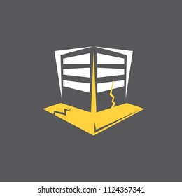 vector Earthquake icon with damaged house isolated on grey background. Natural disaster sign or symbol