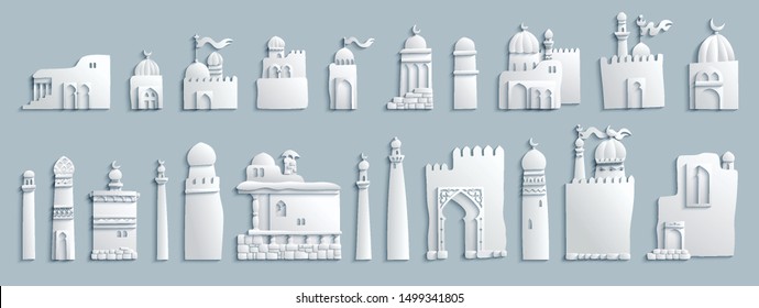 Vector east cartoon buildings. Modern, trendy craft style illustration. set of objects. 3d effect imitation