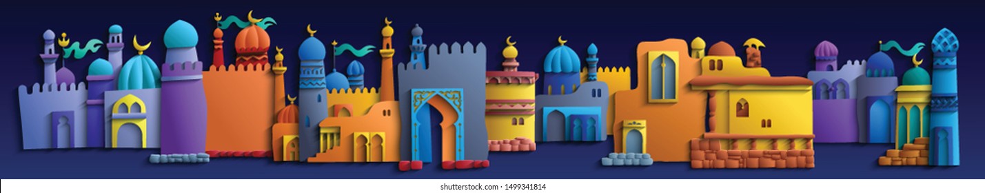 Vector east cartoon buildings. Modern illustration. Trendy craft style color banner design. 3d effect imitation