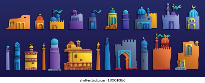 Vector east cartoon buildings. Modern, trendy craft style illustration. set of objects. 3d effect imitation