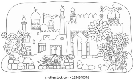 Vector east cartoon buildings. Sketchy fairy tale city illustration. 