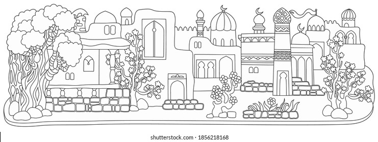 Vector east cartoon buildings. Sketchy fairy tale city illustration. 