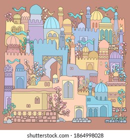 Vector east cartoon buildings. Sketchy fairy tale city illustration. 
