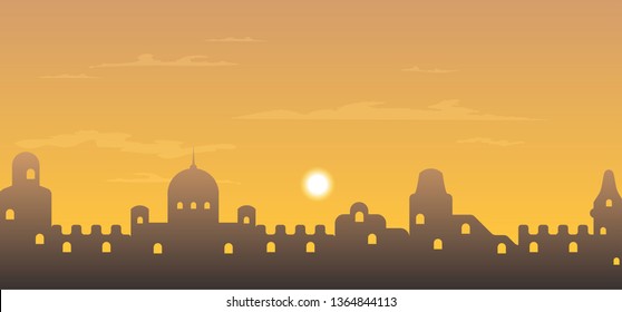 vector east city illustration and dusk sunset sky, old town cityscape 