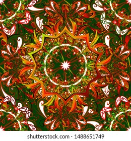 Vector East, Islam, Indian, motif, revival swirling. Orient, symmetry lace,. Colored mandala pattern, Arabic background. Ethnic texture. Vintage decorative ornament on brown, green and red colors.