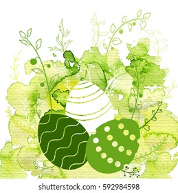 vector easter background with colored eggs, green watercolor and floral elements, template for gift card