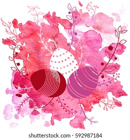 vector easter background with colored eggs, red and pink watercolor and floral elements, template for gift card
