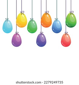 Vector Easter background with colorful eggs hanging from ribbons. Template for inscriptions, congratulations, announcements