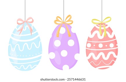 Vector Easter background with colorful eggs hanging from ribbons. Template for inscriptions, congratulations, announcements