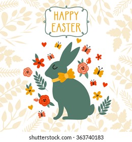 Vector Easter background with cute Easter bunny, floral elements, frame and text "Happy Easter". Bright childish holiday card with Easter rabbit.