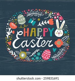 Vector Easter background with cute elements: bunny, eggs, branches, flowers, berries, butterflies and text "Happy Easter". Bright holiday card. Childish background. 
