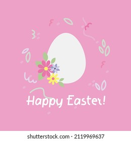 Vector easter background with cute illustration with egg, flowers and hand drawn frame of little doodle elements on pink background for card or print. 