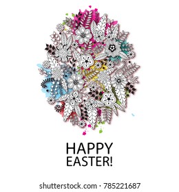 Vector Easter background with egg from doodle floral elements: flowers, leaves, branches, berries, Bright holiday card. Childish background in cartoon style. Spring easter egg