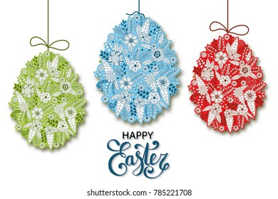 Vector Easter background with egg from doodle floral elements: flowers, leaves, branches, berries, Bright holiday card. Spring easter eggs sticker