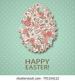 Vector Easter background with egg from doodle floral elements: flowers, leaves, branches, berries, Bright holiday card. Spring easter egg sticker, dotted background