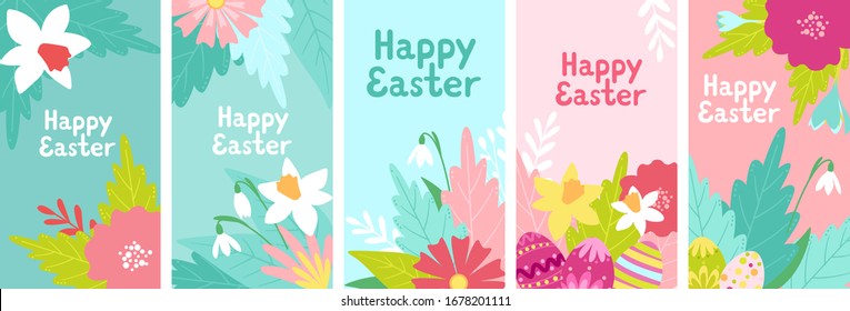 Vector Easter background with a plant element. Bright holiday card. Spring flowers.
The inscription "Happy Easter". Set