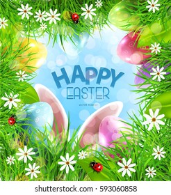 Vector Easter background with rabbit ears, eggs, grass and blue sky
