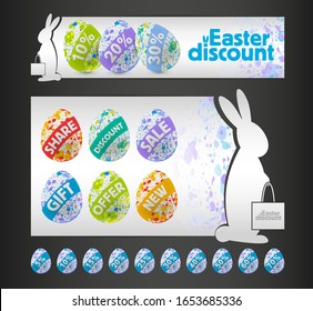 Vector easter baner, eggs and bunny. Offer for discounts