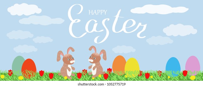 vector of Easter banner with bunny ,colorful eggs on meadow with flowers.
