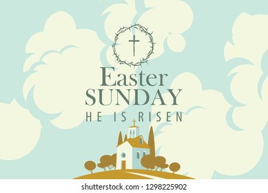 Vector Easter banner or card with words Easter Sunday, He is risen. Landscape with small church on the hill and sky with clouds