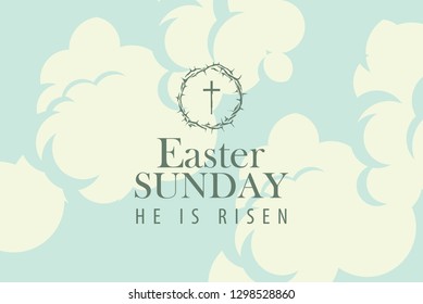 Vector Easter banner or card with words Easter Sunday, He is risen on the background of blue sky with clouds