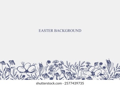 Vector Easter banner with chicken nest, eggs and flowers in engraved vintage style. Hand drawn Paschal festive spring background with bloom field for text. Border with Christian motif 